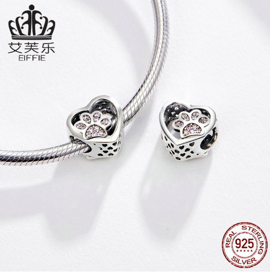 S925 Sterling Silver Heart Pet Paw Print Set Pink Diamond DIY Bracelet Beaded Silver Jewelry Acce... – photo 2 – Avaiya Gems