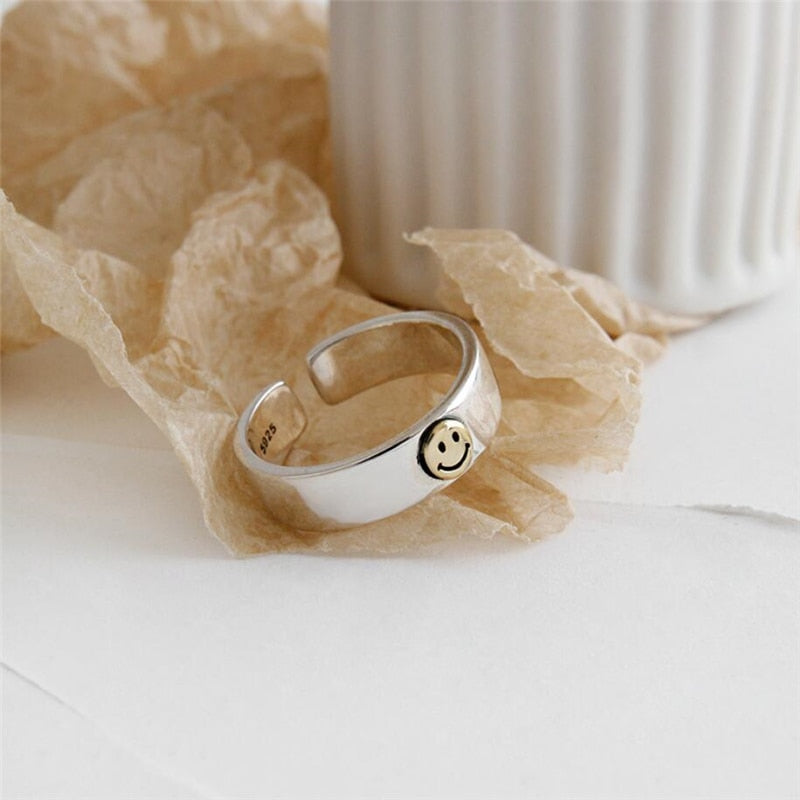 Sole Memory Retro Cute Golden Smiley Thai Silver 925 Sterling Silver Female Resizable Opening Rings SRI529