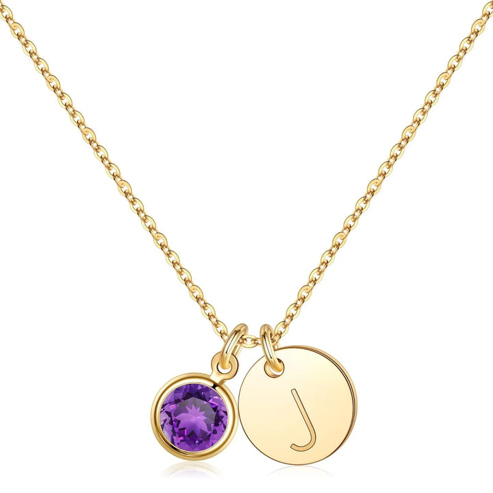 Initial Birthstone Necklace – 14K Gold Plated Disc Pendant