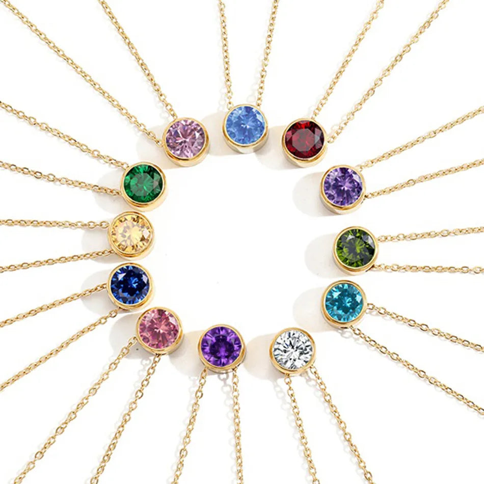 Birthstone Necklace – Stainless Steel Geometric Pendant Jewelry