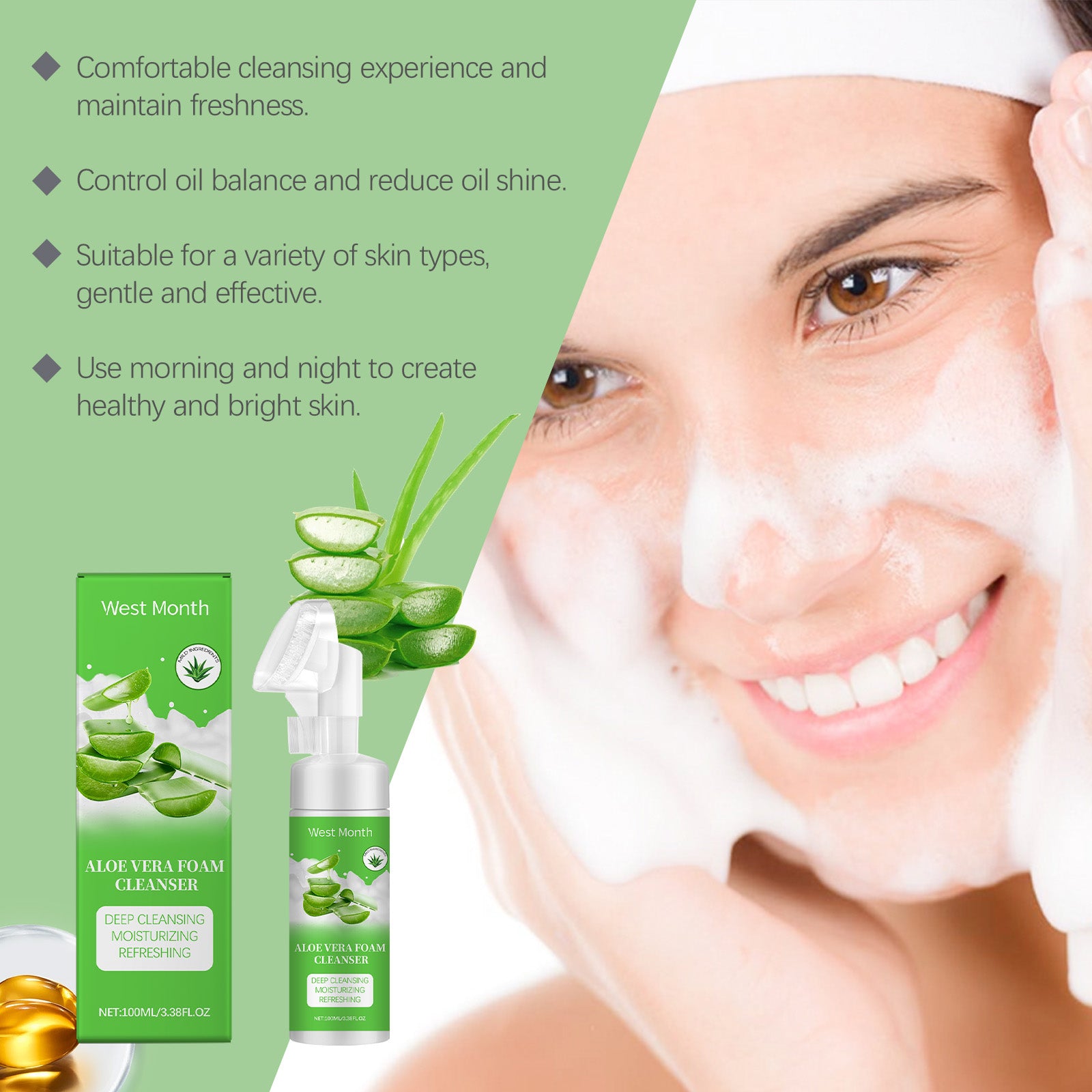 West&Month Aloe Vera Foam Cleanser Moisturizes, Moisturizes, Gently Cleanses Pores And Refreshes – photo 3 – Avaiya Gems