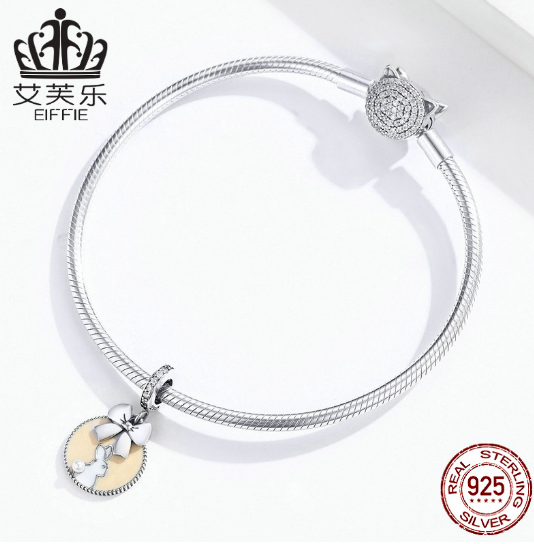 Sterling Silver S925 Sterling Silver Pink Bunny Round Pendant Handmade DIY Bracelet Jewelry Accessories