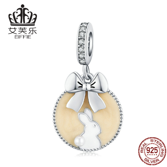Sterling Silver S925 Sterling Silver Pink Bunny Round Pendant Handmade DIY Bracelet Jewelry Accessories