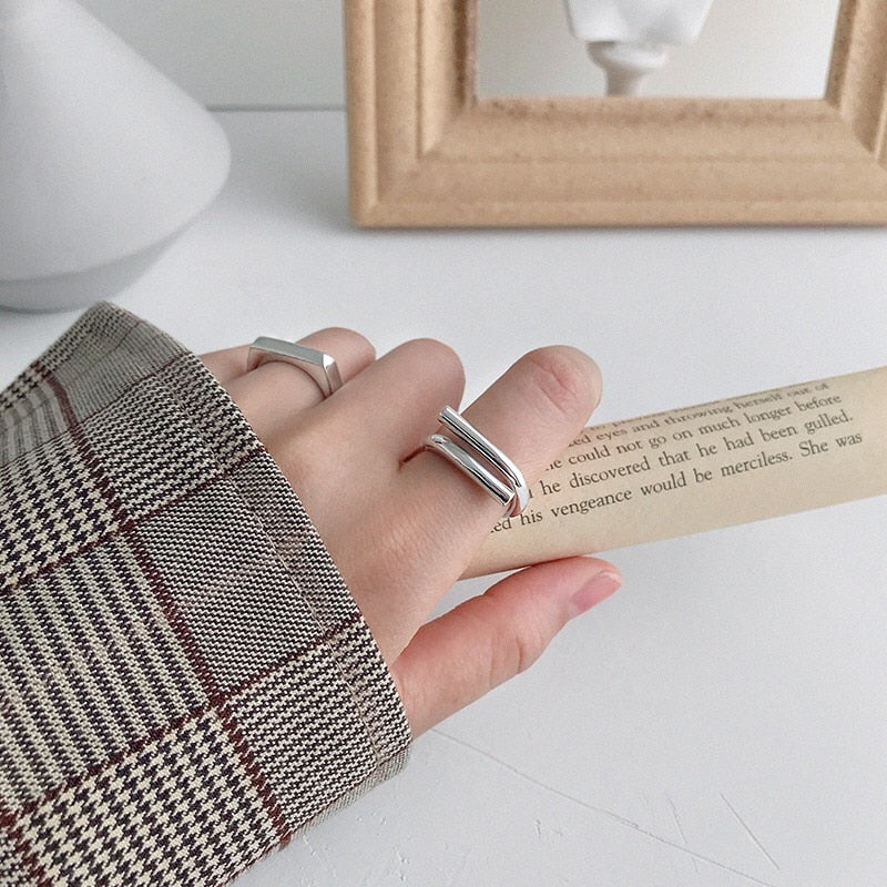 100% 925 Sterling Silver Open Rings Retro Geometric Wrong Side Interweaving for Women Sterling Silver Jewelry