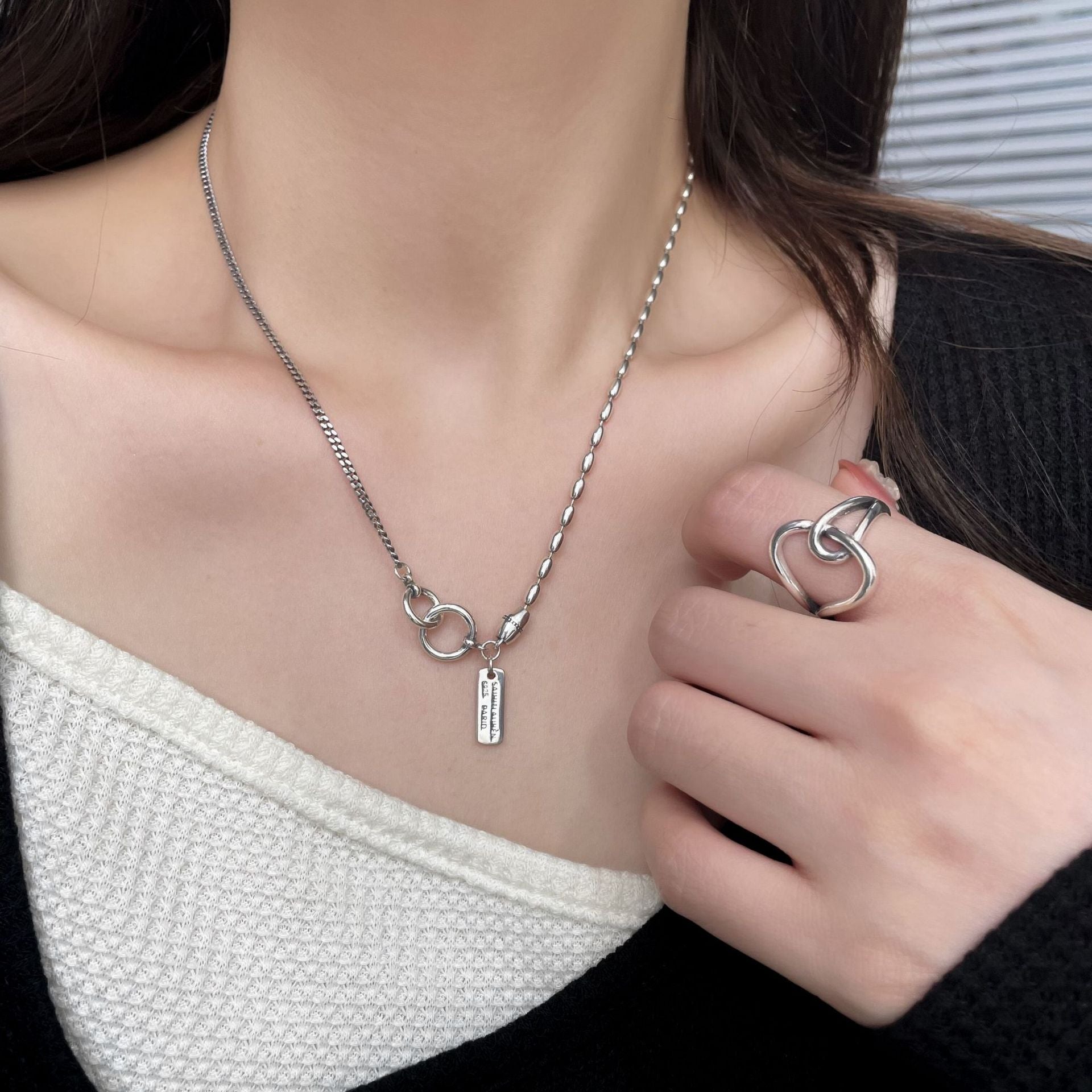 S925 Sterling Silver Thai Silver Square Necklace Women Clavicle Chain Net Red Retro Hip Hop Cold Style Sterling Silver Necklace