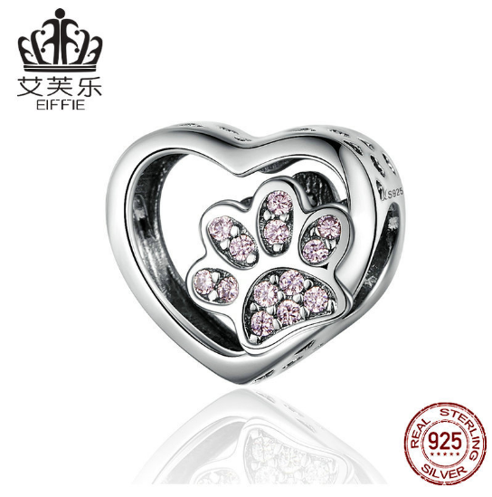 S925 Sterling Silver Heart Pet Paw Print Set Pink Diamond DIY Bracelet Beaded Silver Jewelry Acce... – Avaiya Gems
