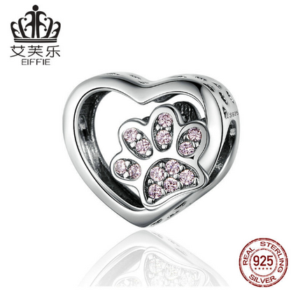 S925 Sterling Silver Heart Pet Paw Print Set Pink Diamond DIY Bracelet Beaded Silver Jewelry Acce... – Avaiya Gems