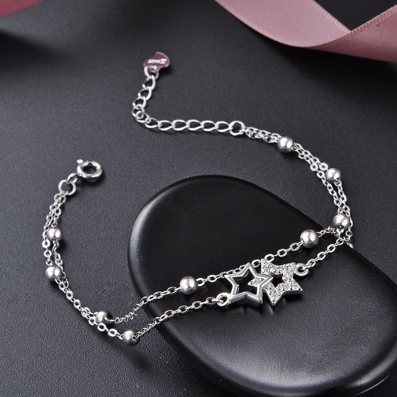 S925 Sterling Silver Bracelet Female Five-Pointed Star Diamond Silver Bead Double-Layer Bracelet Temperament Jewelry