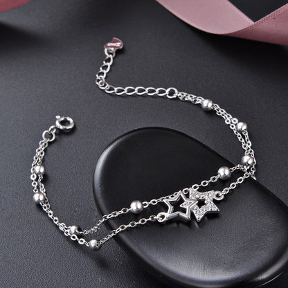 S925 Sterling Silver Bracelet Female Five-Pointed Star Diamond Silver Bead Double-Layer Bracelet ... – photo 4 – Avaiya Gems