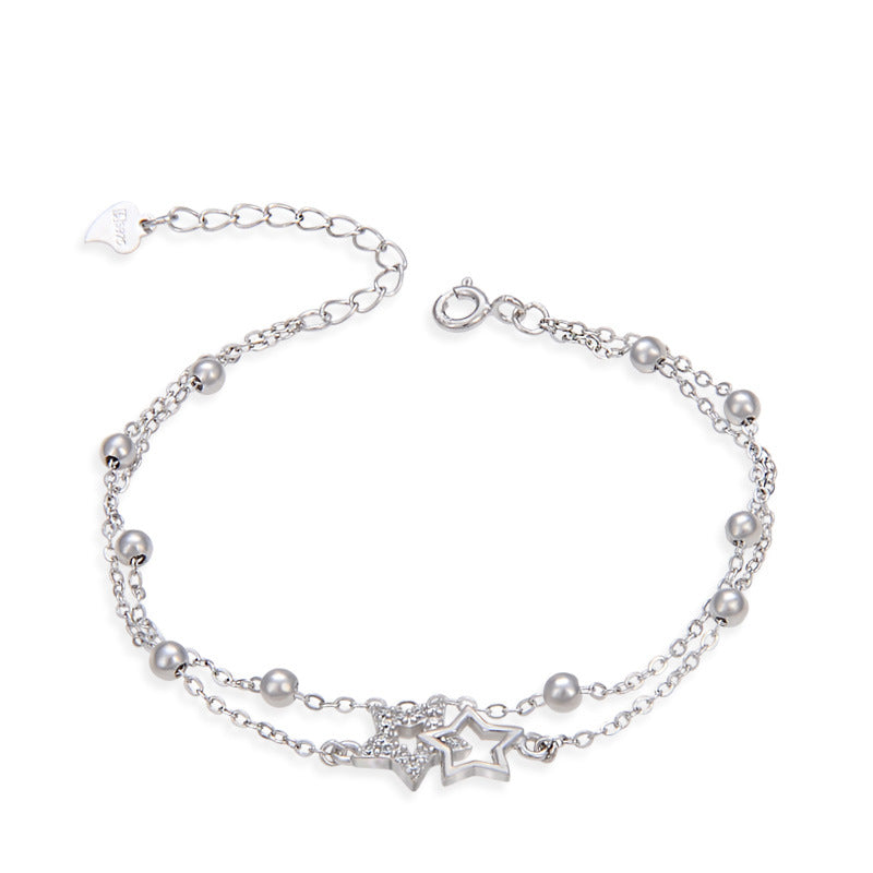 S925 Sterling Silver Bracelet Female Five-Pointed Star Diamond Silver Bead Double-Layer Bracelet Temperament Jewelry
