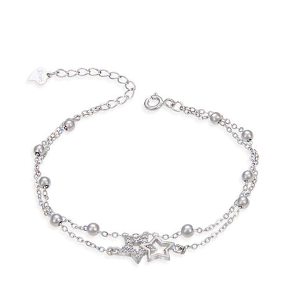 S925 Sterling Silver Bracelet Female Five-Pointed Star Diamond Silver Bead Double-Layer Bracelet ... – photo 5 – Avaiya Gems