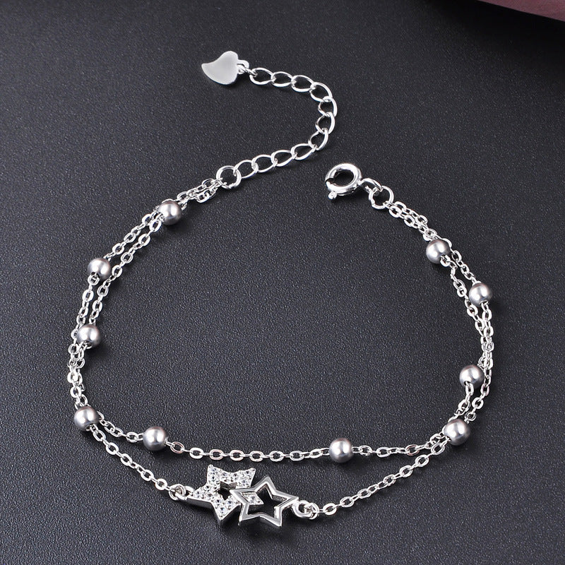 S925 Sterling Silver Bracelet Female Five-Pointed Star Diamond Silver Bead Double-Layer Bracelet Temperament Jewelry
