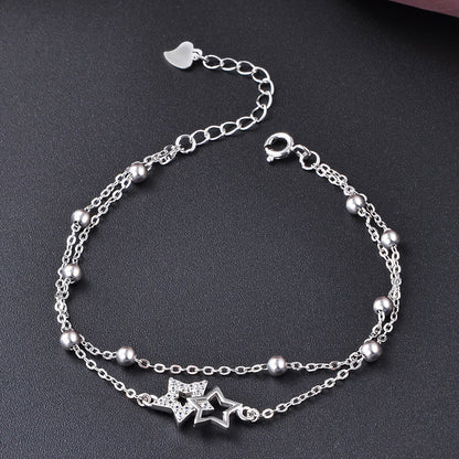 S925 Sterling Silver Bracelet Female Five-Pointed Star Diamond Silver Bead Double-Layer Bracelet ... – photo 2 – Avaiya Gems