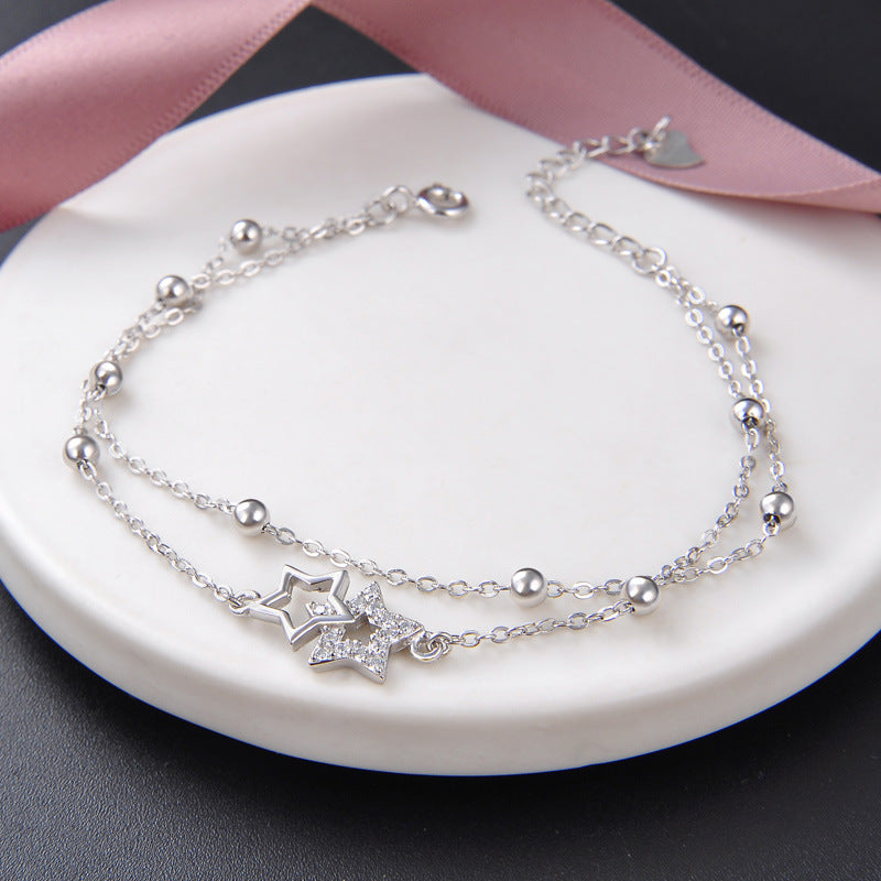 S925 Sterling Silver Bracelet Female Five-Pointed Star Diamond Silver Bead Double-Layer Bracelet Temperament Jewelry