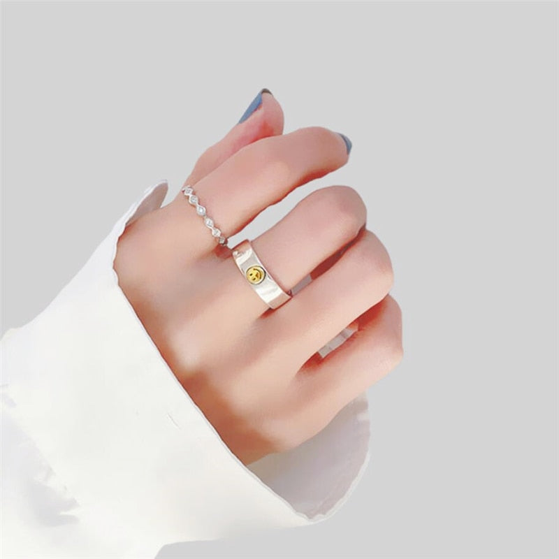 Sole Memory Retro Cute Golden Smiley Thai Silver 925 Sterling Silver Female Resizable Opening Rings SRI529