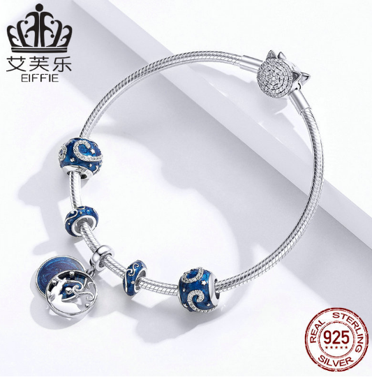 New Fashionable Bead Blue Bright Starry Beaded Sterling Silver DIY Bracelet Accessories s925 Silver Beads