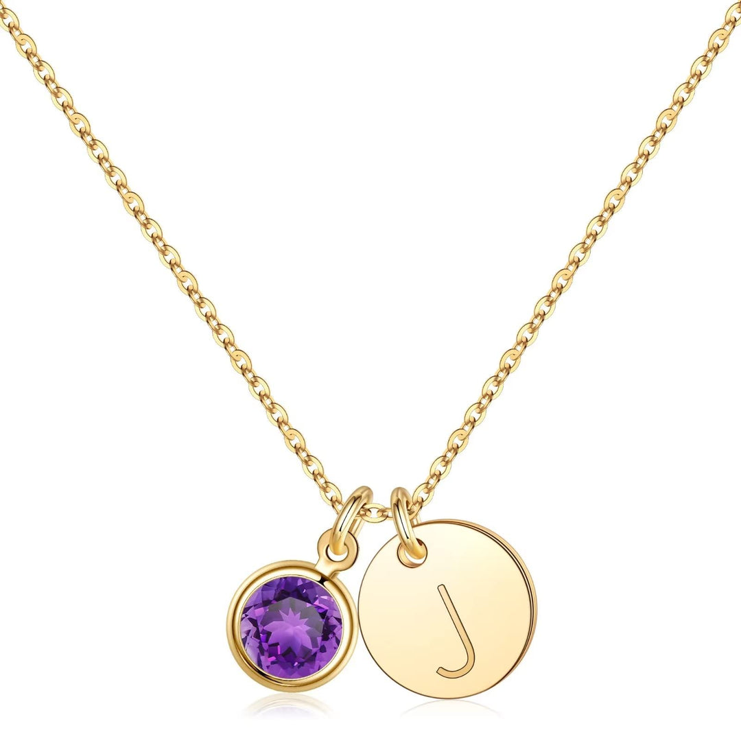 Initial Birthstone Necklace – 14K Gold Plated Disc Pendant